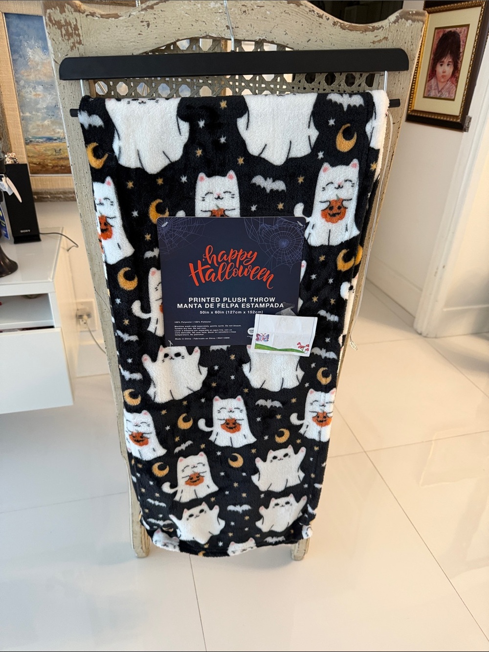 Happy Halloween Black/White/Orsnge "Cats in Ghost Costumes" Throw Blanket